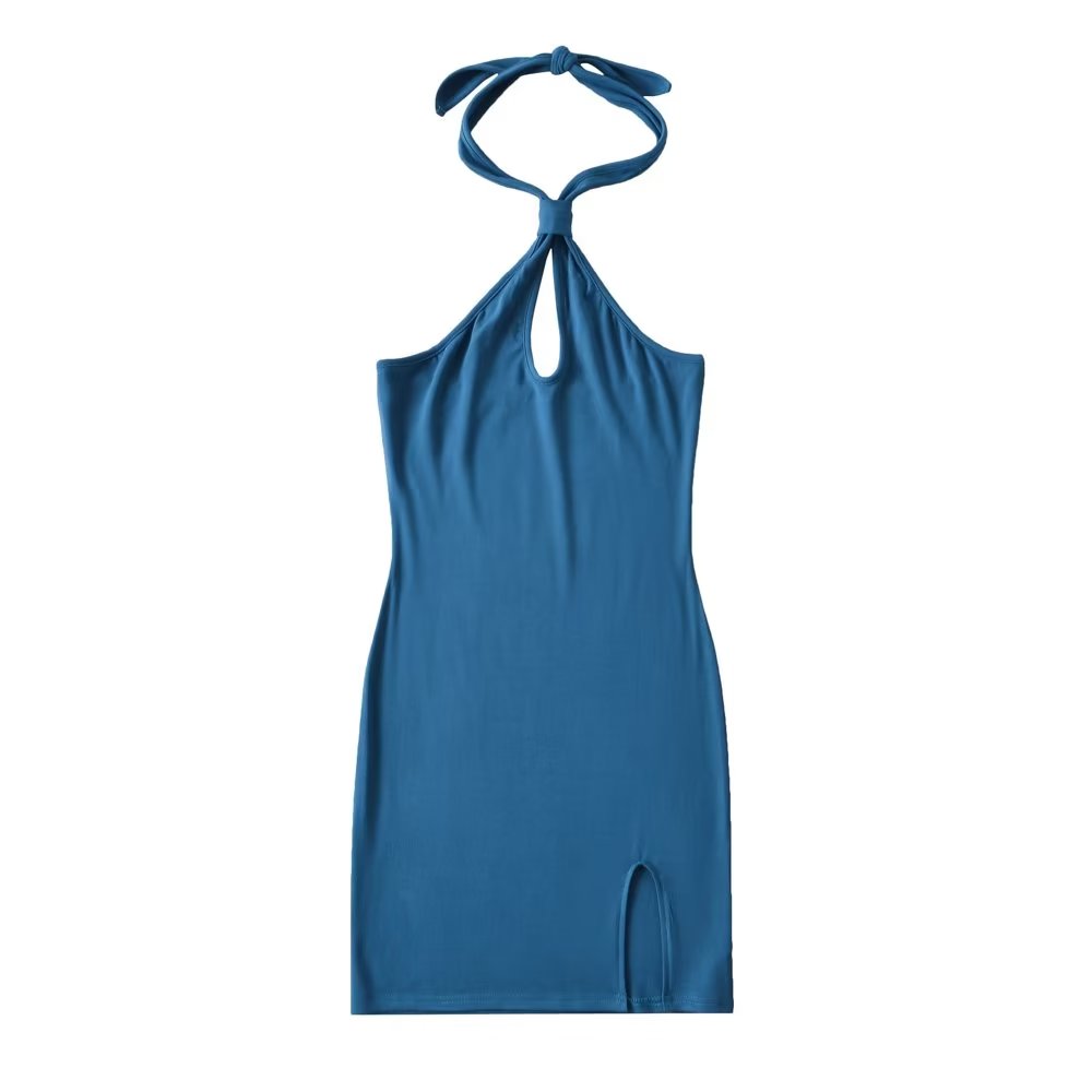 Spring Summer Sexy Halter Off The Shoulder Slim Dress Backless Hip Dress Blue