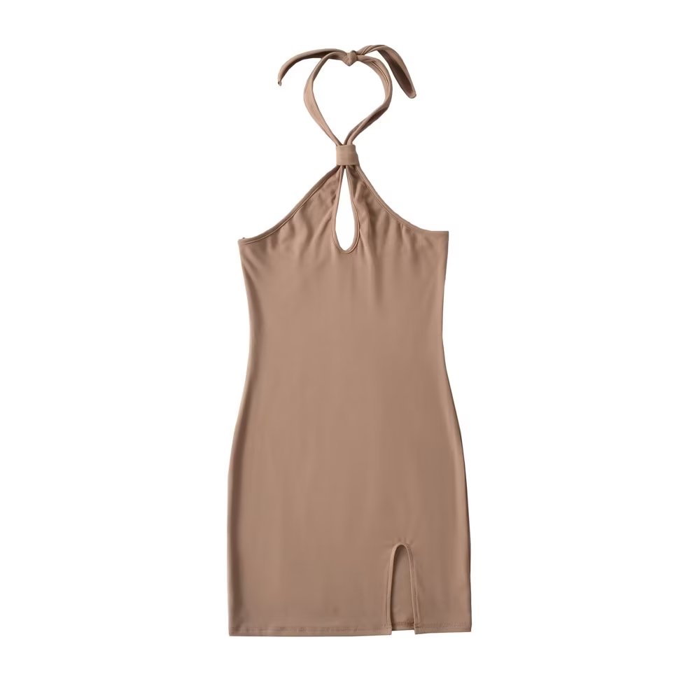 Spring Summer Sexy Halter Off The Shoulder Slim Dress Backless Hip Dress Khaki