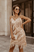 Spring Summer Women Clothing Sleeveless Sling Pencil Tassel Dress Midi Dress Gold
