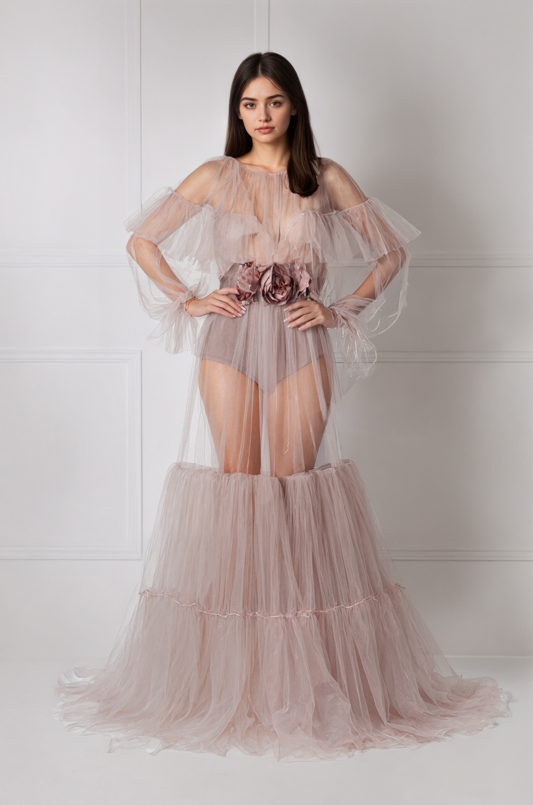 Luxury 3 colors Layered Tulle Sheer Robe Dress | Couture Ruffle Boudoir Robe Set Dusty rose