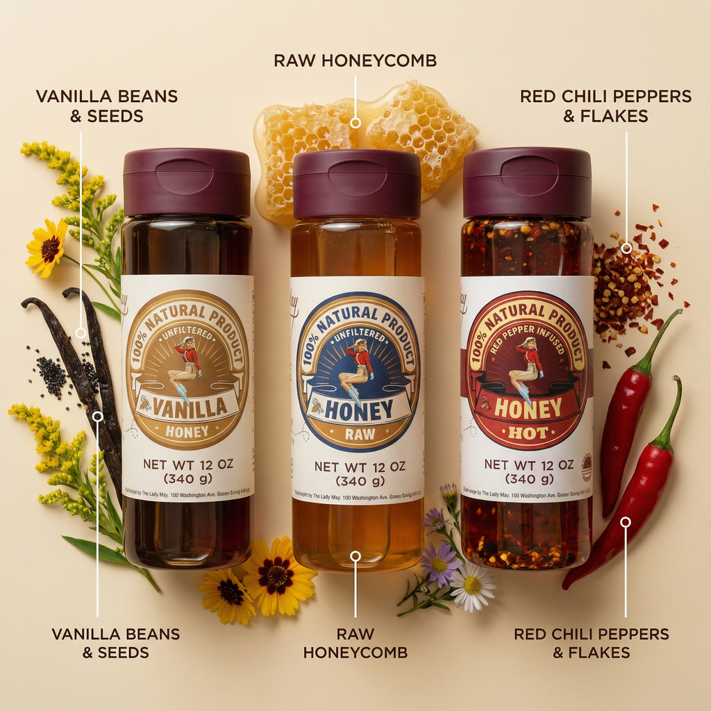 Honey Trio 3-Pack Gift Set - Raw, Hot & Vanilla Honey | Small Batch Farm Grown | Lady May