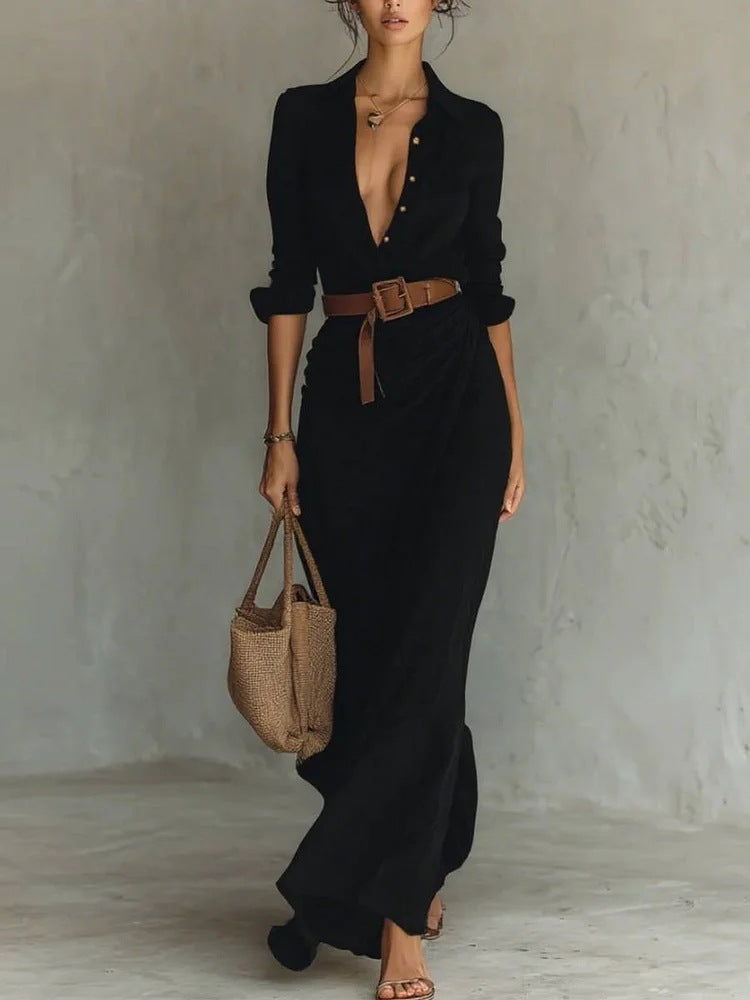 Women's Irregular Pleated Midi Dress – Elegant High-Waist Long Sleeve Black (No Belt)