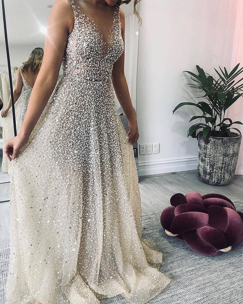 Spring Summer Women Clothing Gold V neck Dress Sling Gradient Mop Dress Silver