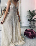 Spring Summer Women Clothing Gold V neck Dress Sling Gradient Mop Dress Silver