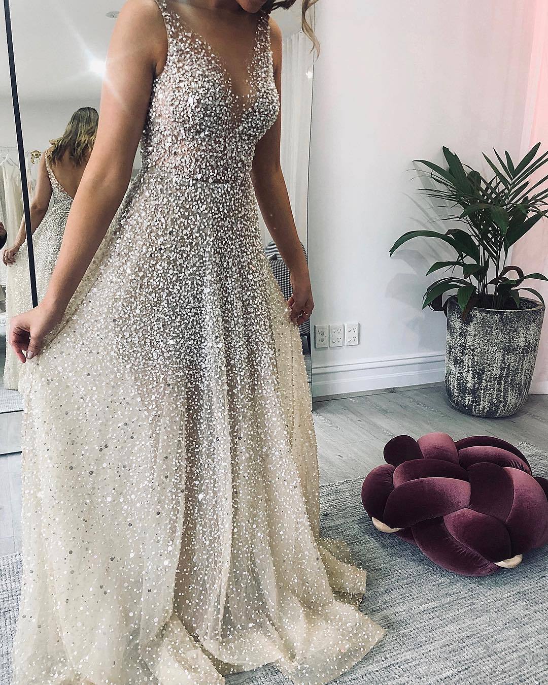 Spring Summer Women Clothing Gold V neck Dress Sling Gradient Mop Dress Silver