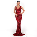 Women Evening Dress Sexy V-neck Sleeveless Sequined Geometric Abstract Vintage Backless Elegant Maxi Reflective Dress Formal Gown Red