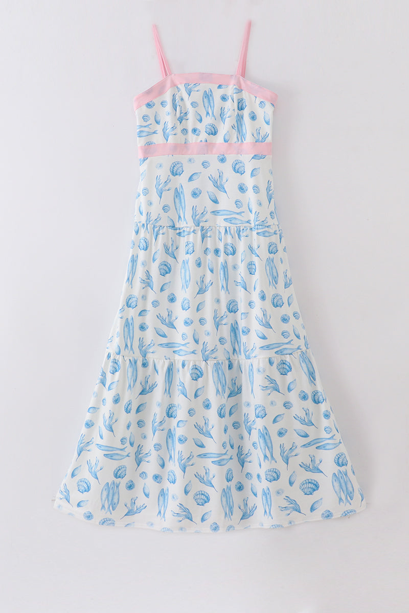 Marine creature print dress mom & me Adult-2XL