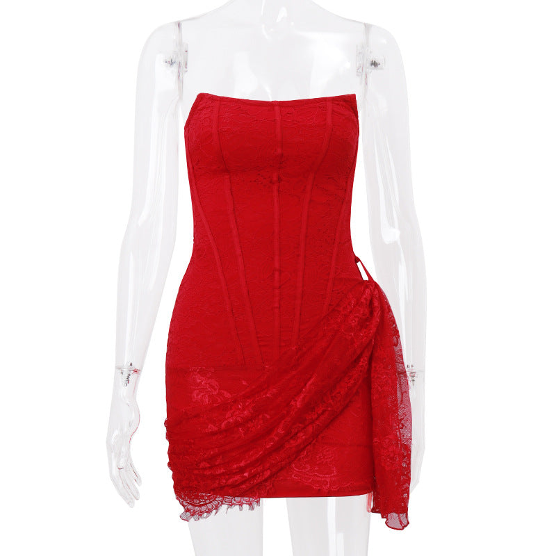 Fall Women Clothing Sexy Lace Boning Corset off Shoulder Tube Top Slightly Transparent Slim Fit Dress Women Red
