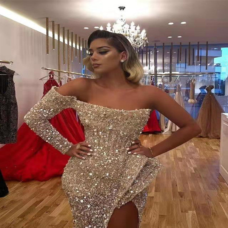 Spring Summer Women Clothing Dress Sexy off the Shoulder Mop Sequined Cocktail Evening Dress Gold