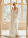 Luxury Thick Ostrich Feather Floor-Length Satin Robe with Train – Elegant Bridal Loungewear Ivory