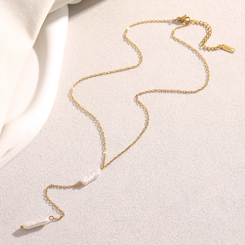 Delicate Drop Pearl Lariat Necklace - Stainless Steel