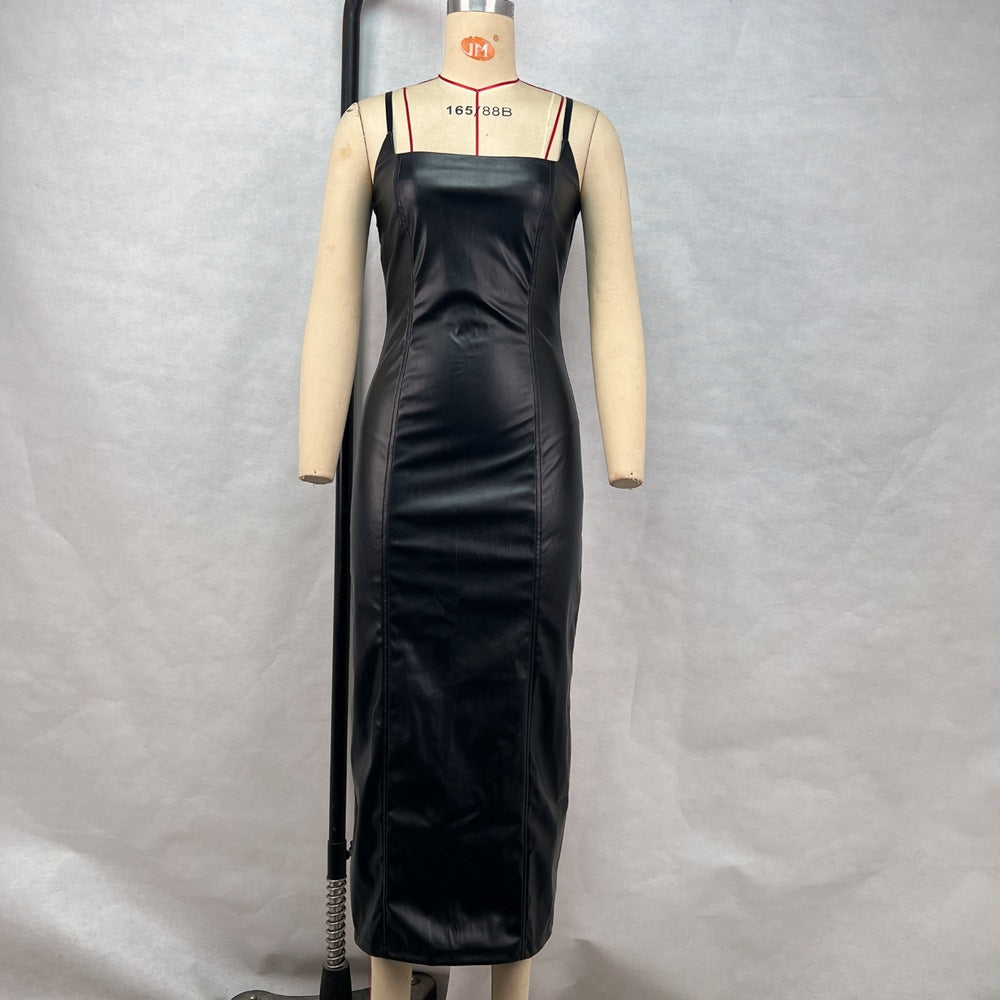 Women Clothing Dress Spring Summer Leather Sling Zipper Back Slit Line Waist Tight Hip Dress Black