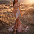 Women Dress Sexy Sequined Fishtail Slit Hip Spaghetti Straps Dress Multi