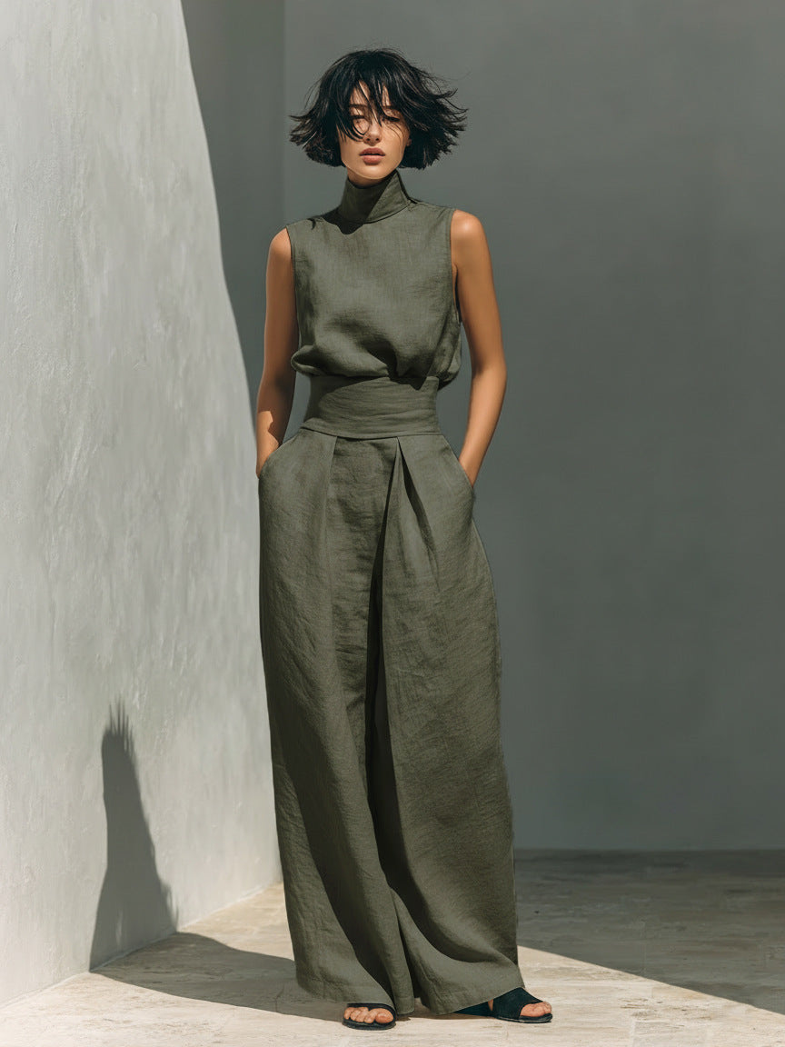 Women’s Cotton Linen Two-Piece Set – Sleeveless Top & Wide-Leg Pants Army Green