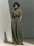 Women’s Cotton Linen Two-Piece Set – Sleeveless Top & Wide-Leg Pants Army Green