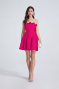 Ladies Elegant Three Dimensional Flower Waist Solid Color Strapless Little Dress Coral Red