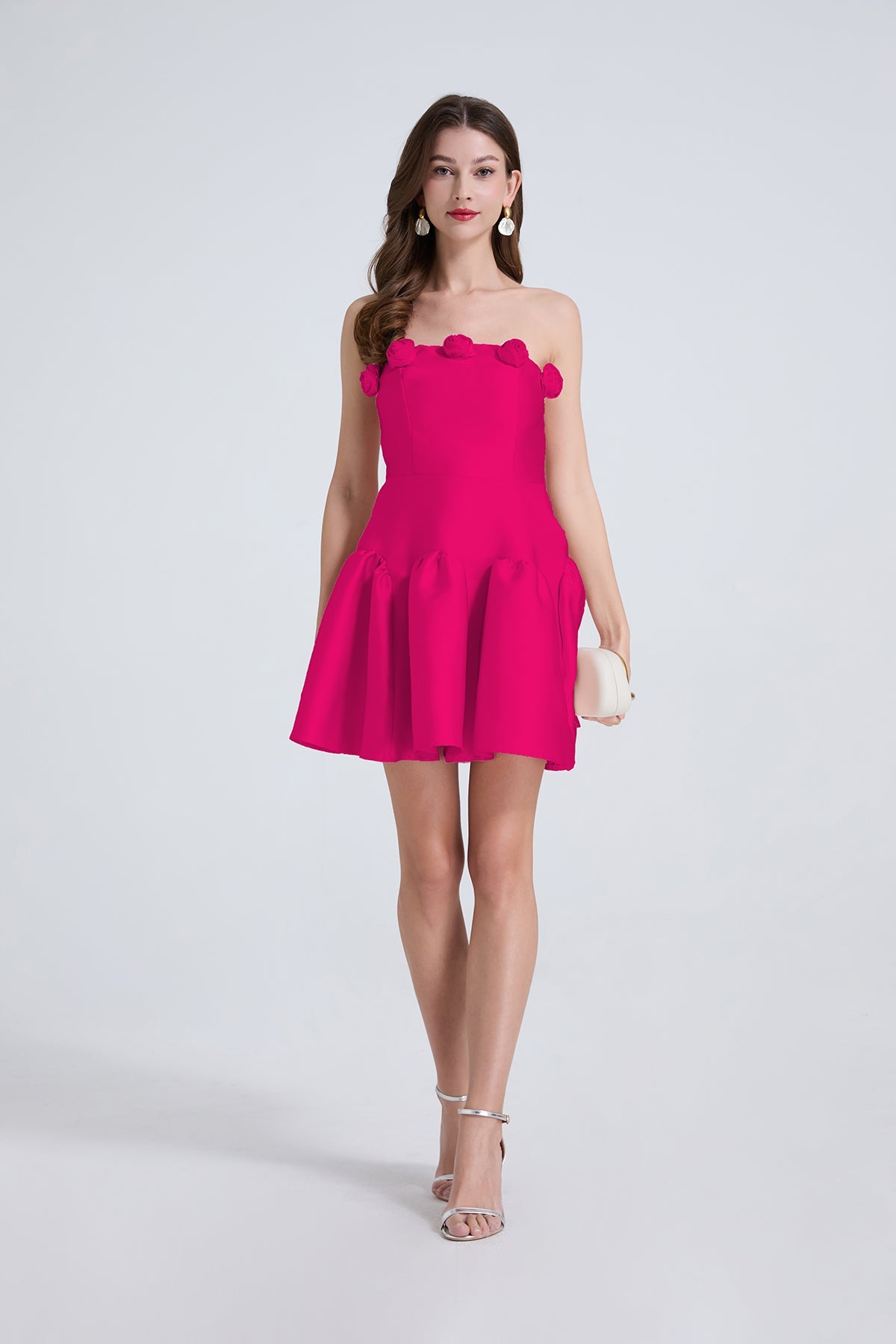 Ladies Elegant Three Dimensional Flower Waist Solid Color Strapless Little Dress Coral Red
