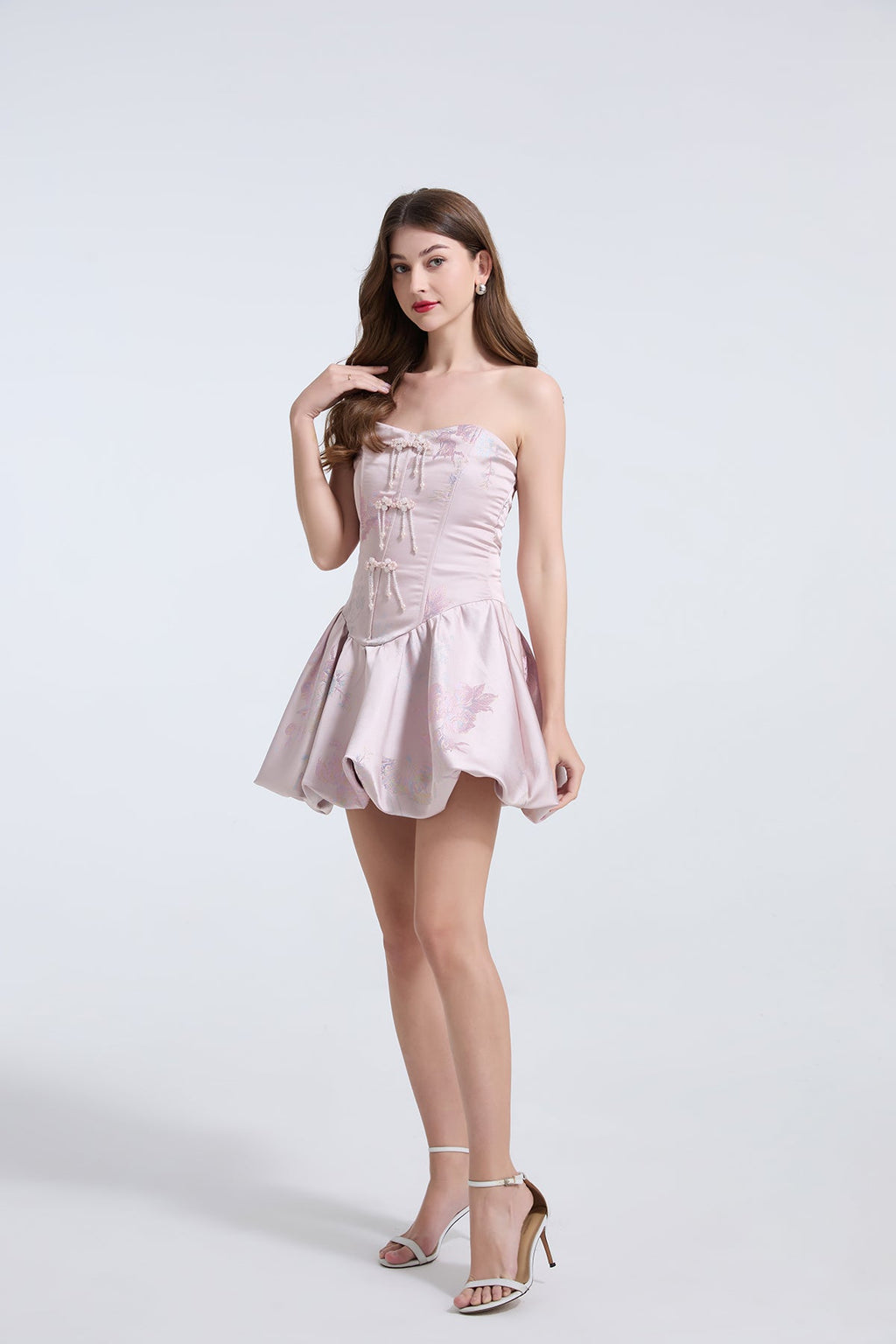 Women Embroidered Pearl And Diamond Strapless Little Dress Pink