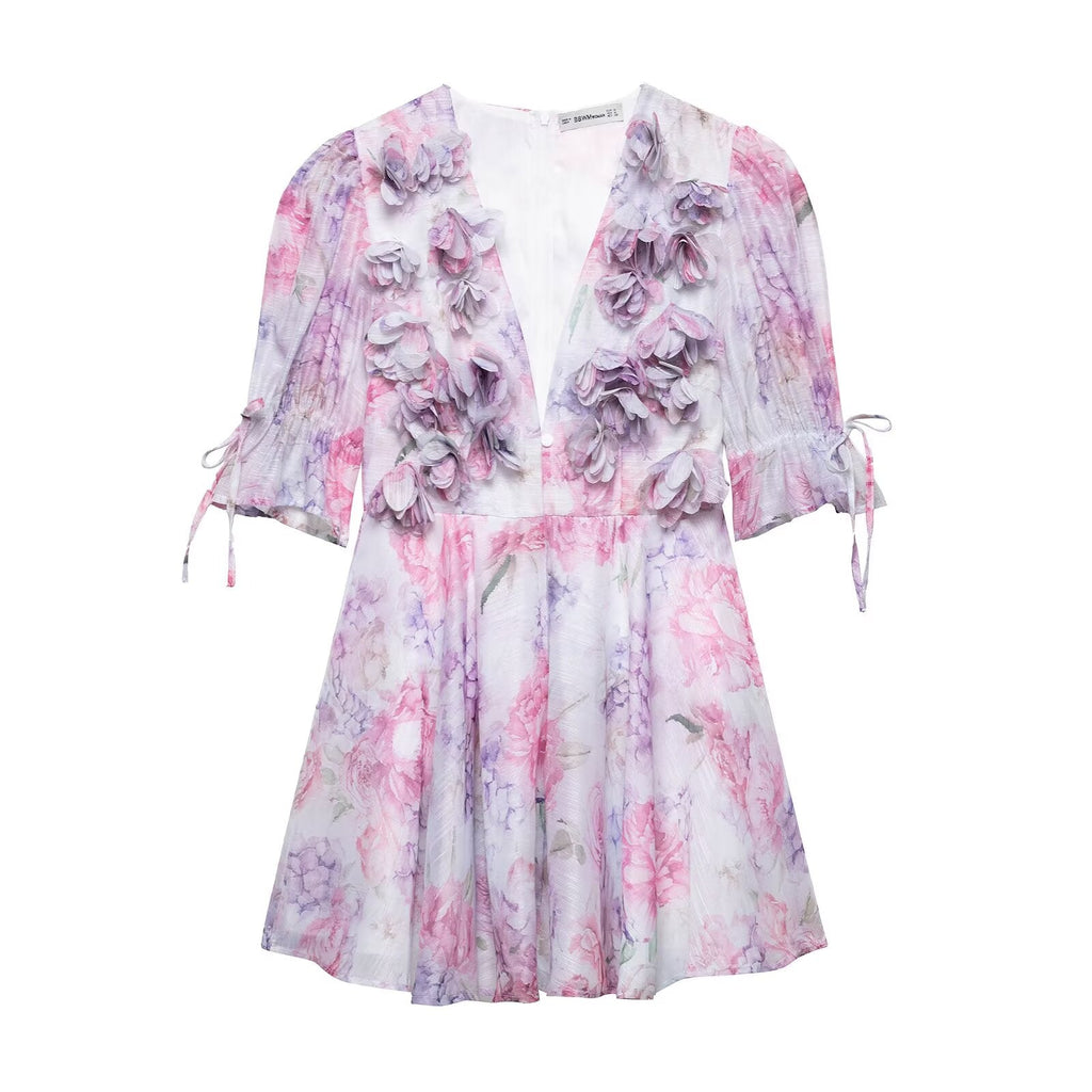 Spring Summer Sexy Chiffon Three Dimensional Floral Floral Dress Multi