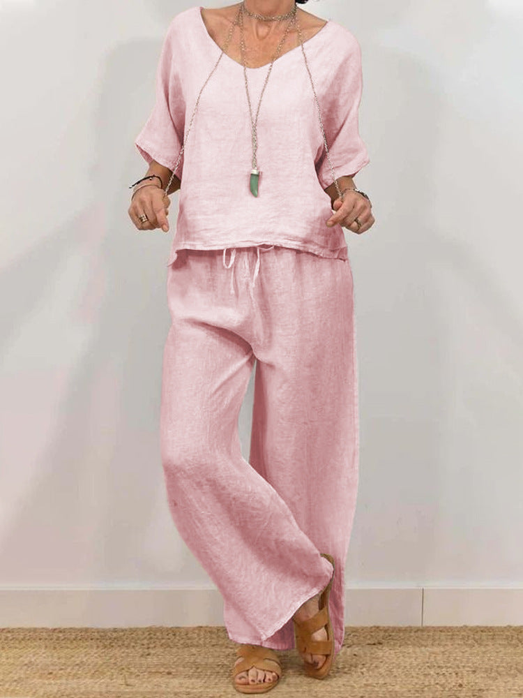 Women’s Multi Color Two Piece Set V Neck Top & Pants Pink