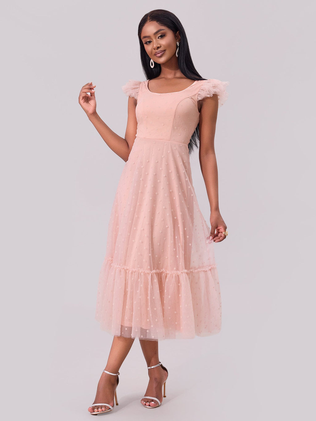 Women Clothing Flying Sleeves Pleating Layered Short Sleeve Large Swing Dress Khaki