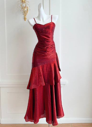 Dark Red Suspenders Dress Concert Birthday Dress High Grade Party Little Dress Red