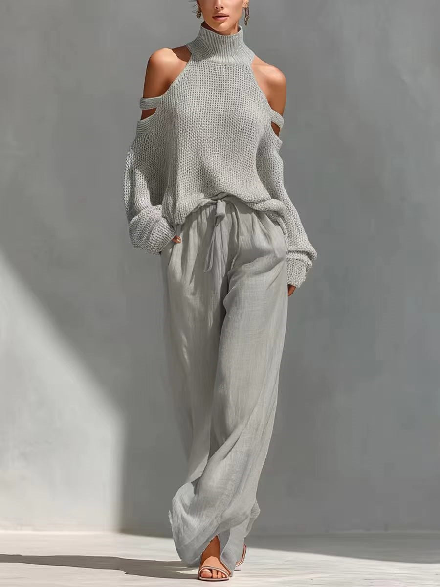 Women's Long-Sleeve Turtleneck Top & Pants Set – Elegant 2-Piece Gray