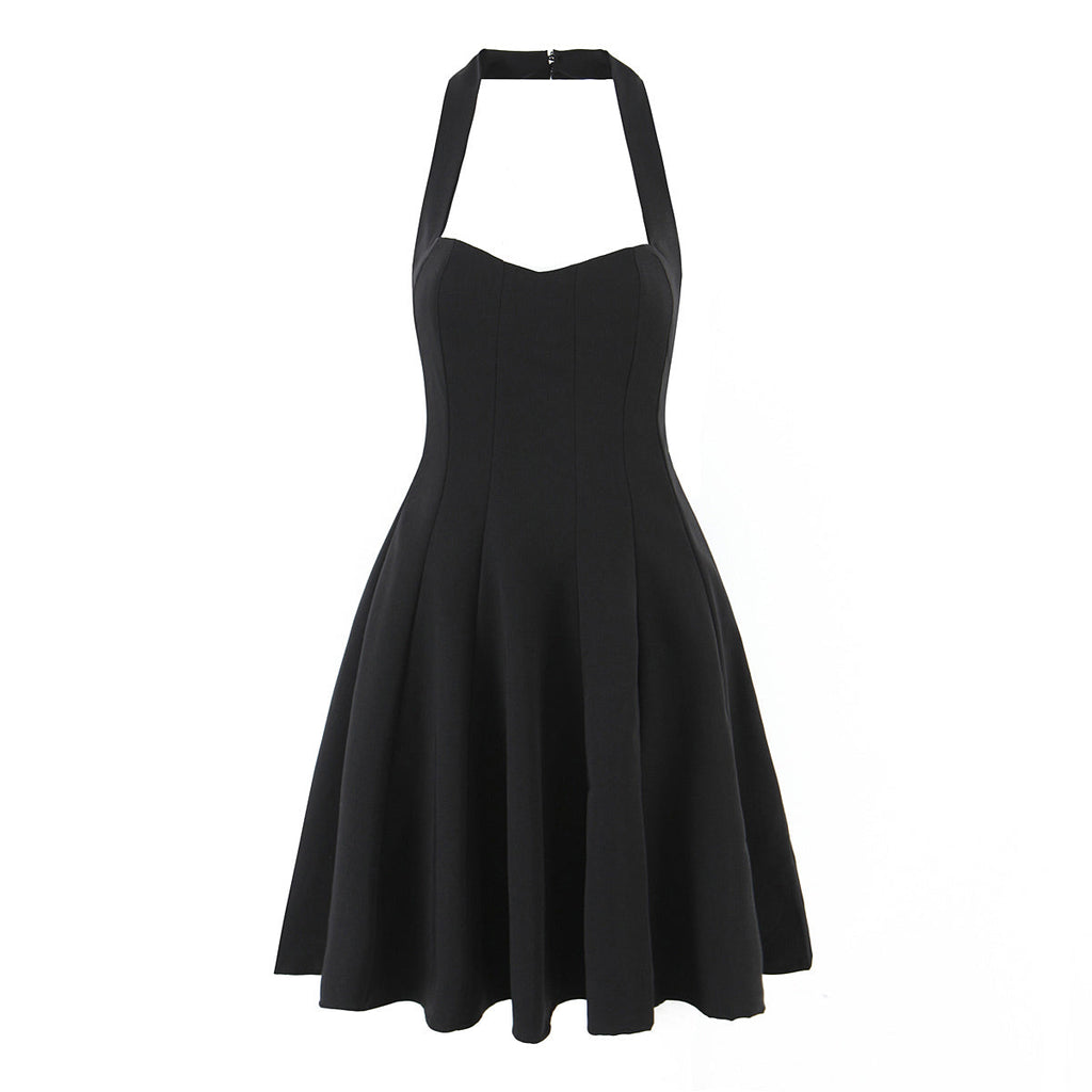 Summer Hepburn Gold Elegant Little Black Dress Women Waist Trimming Lace up Sexy Halter Dress Black