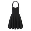 Summer Hepburn Gold Elegant Little Black Dress Women Waist Trimming Lace up Sexy Halter Dress Black