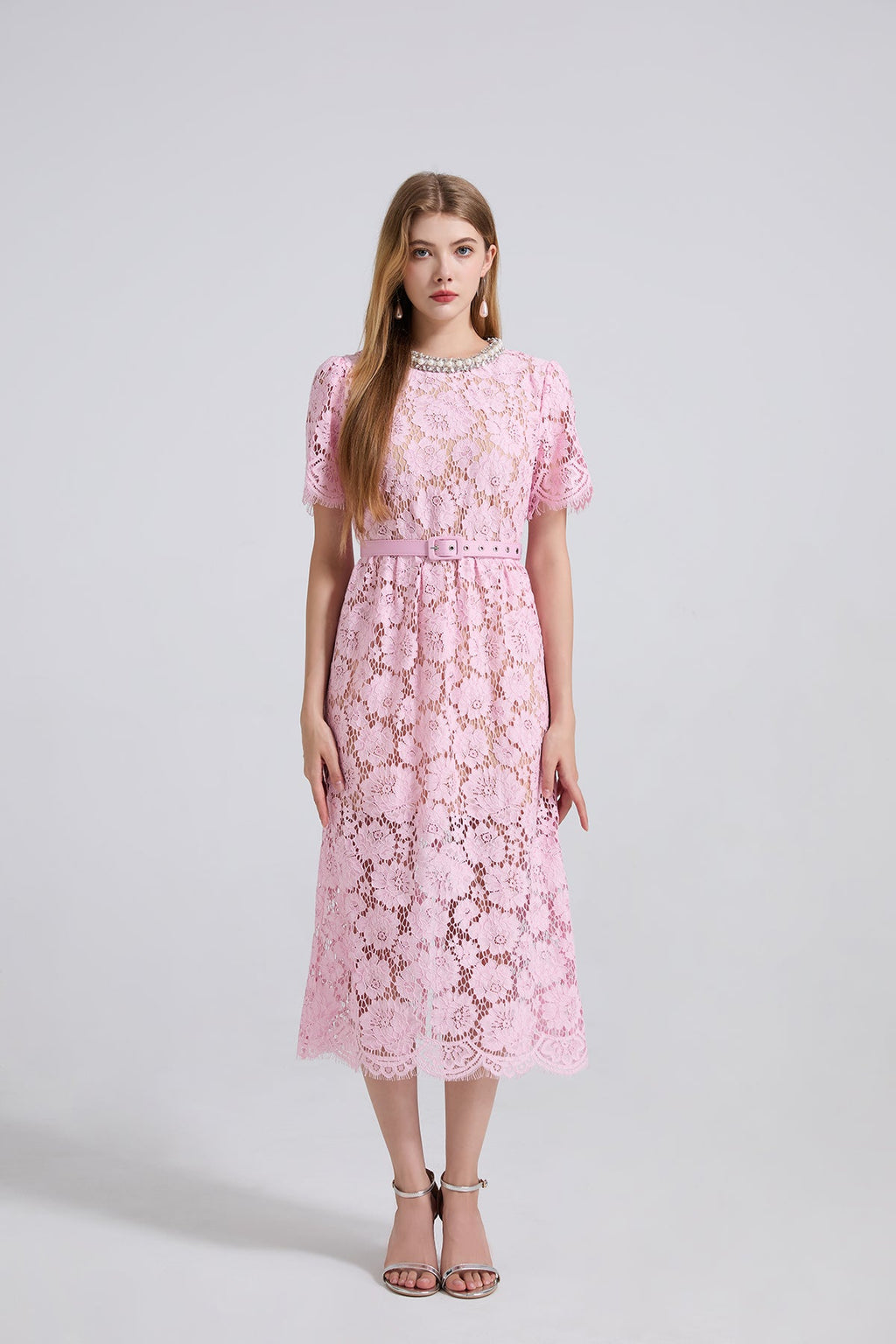 Women Spring Summer Lace Round Neck Dress Pink