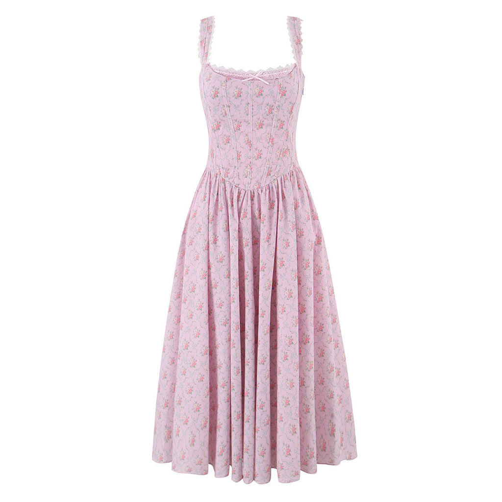 Elegant Floral Lace Lace Sling Dress Dress Summer Cinched Waist Slim Fit Midi Dress Women Pink Flower