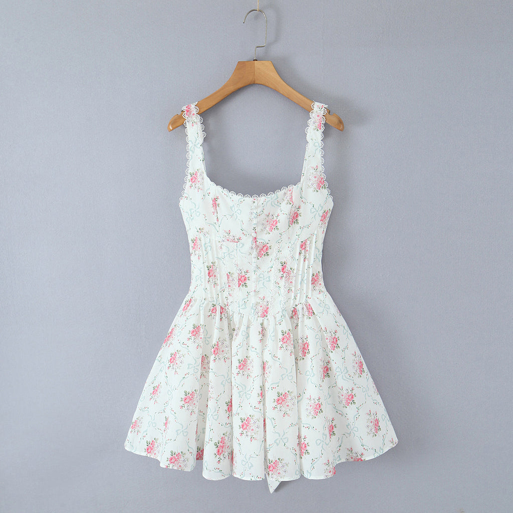 House Same Sweet Rose Print Bowknot Decoration Pleated Lace Waist Slip Dress Women Dress Multi