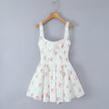 House Same Sweet Rose Print Bowknot Decoration Pleated Lace Waist Slip Dress Women Dress Multi