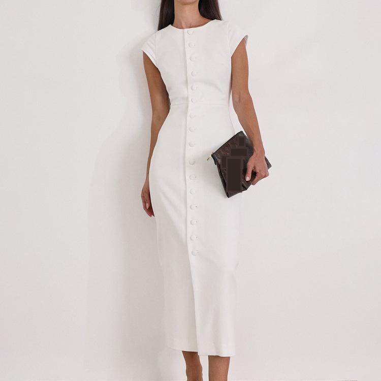 Round Neck Flying Sleeves Dress Women Elegant Waist Single Breasted White Sheath Dress