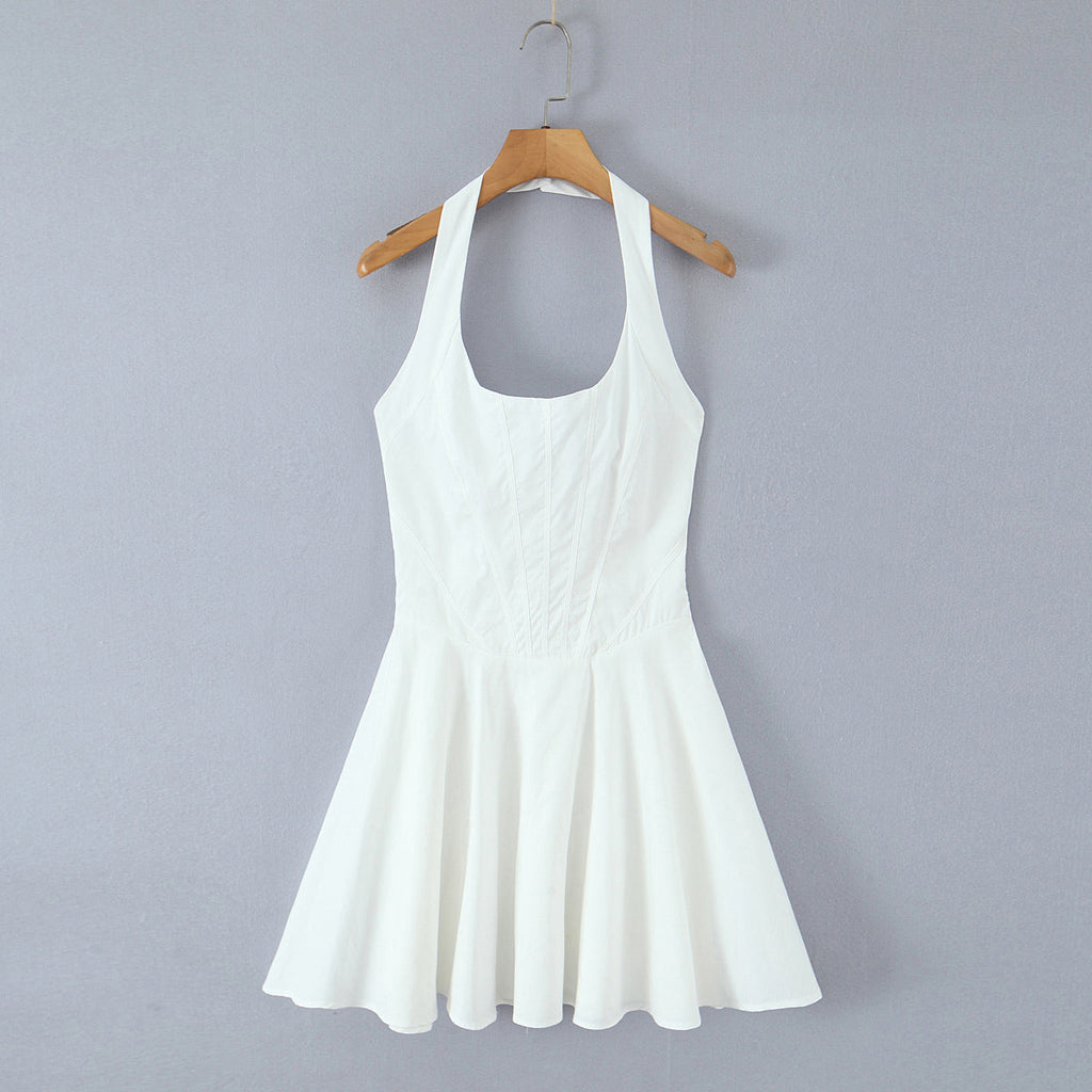 Summer Solid Color Elegant Green Sexy Waist Trimming Simple Halter Back Tied Dress White