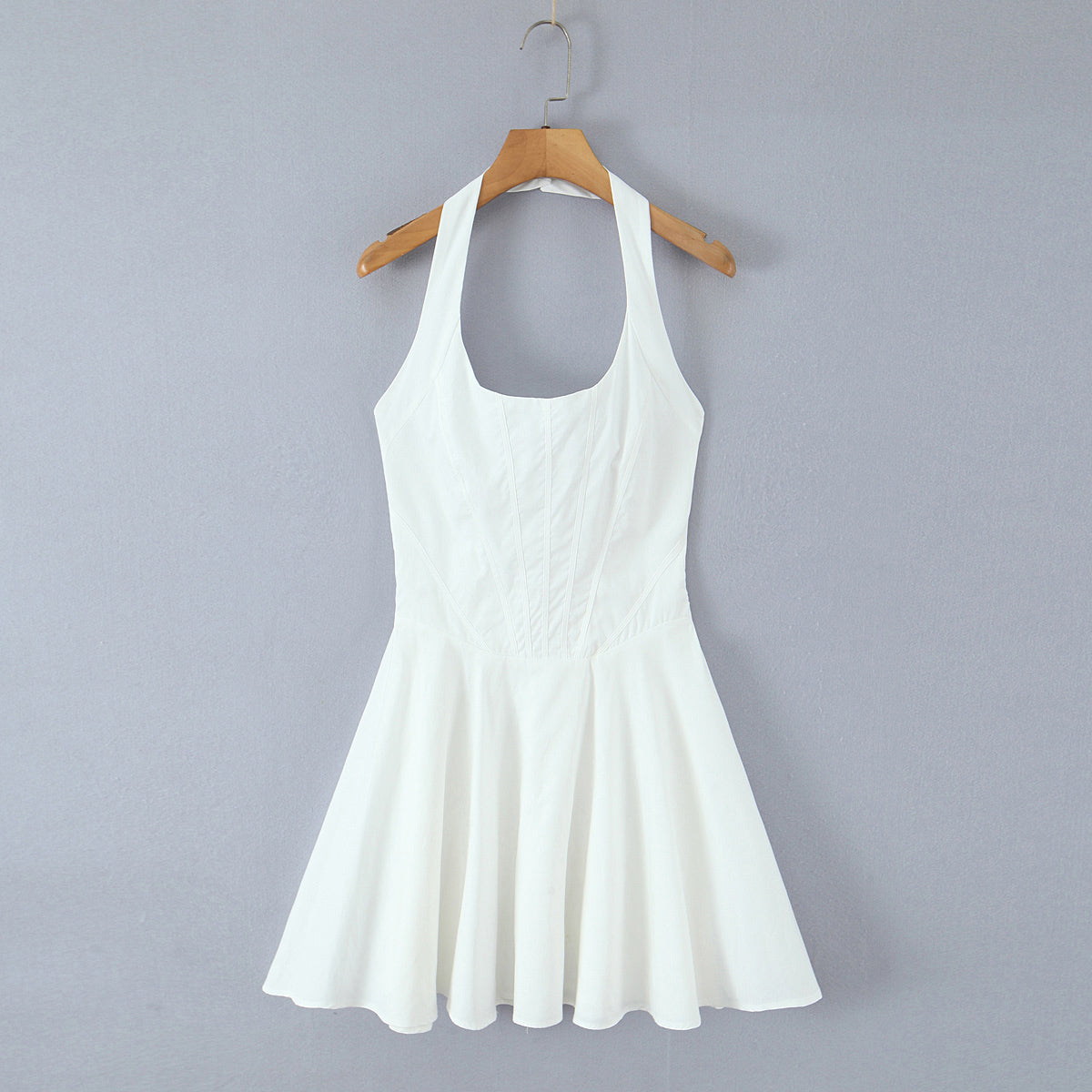 Summer Solid Color Elegant Green Sexy Waist Trimming Simple Halter Back Tied Dress White
