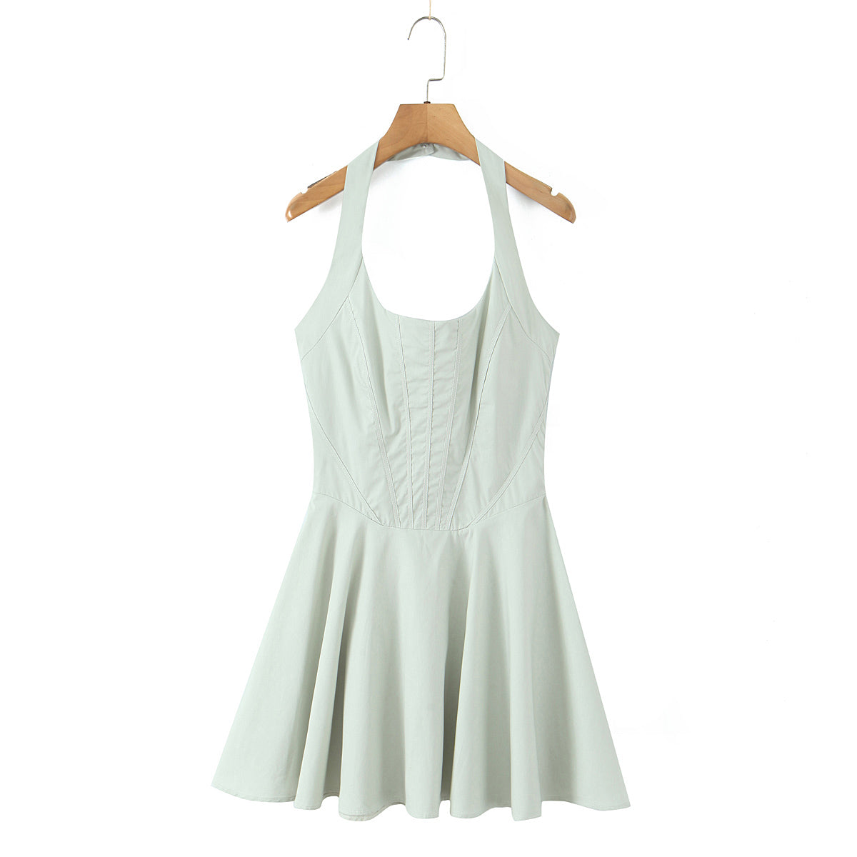 Summer Solid Color Elegant Green Sexy Waist Trimming Simple Halter Back Tied Dress Green