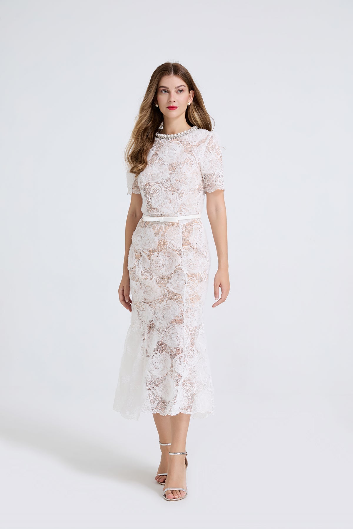 Women Sheer Lace Beaded Rhinestone Studded Fitted Fishtail Dress White