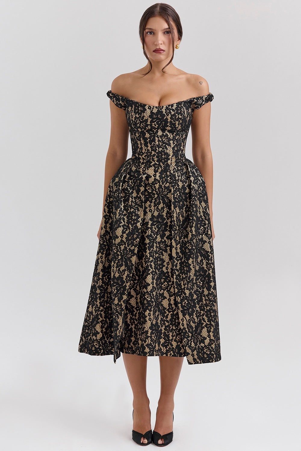 Spring Summer Women Clothing Fashionable off Shoulder Backless Slim Fit Waist Trimming Printing Dress Women Black