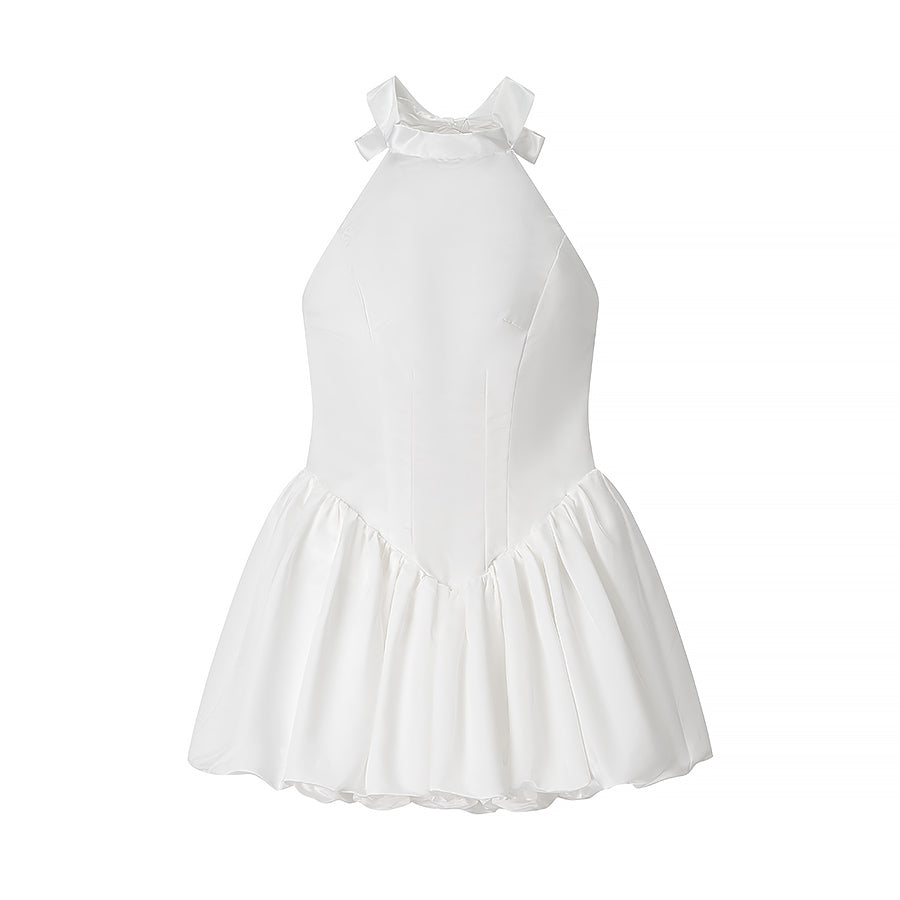Women Clothing Elegant Fitted Waist Bowknot Lace up Pettiskirt Dress White