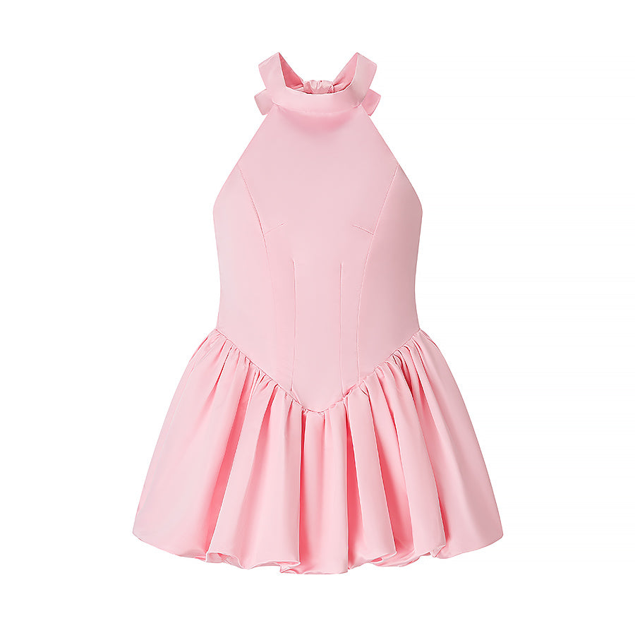 Women Clothing Elegant Fitted Waist Bowknot Lace up Pettiskirt Dress Pink