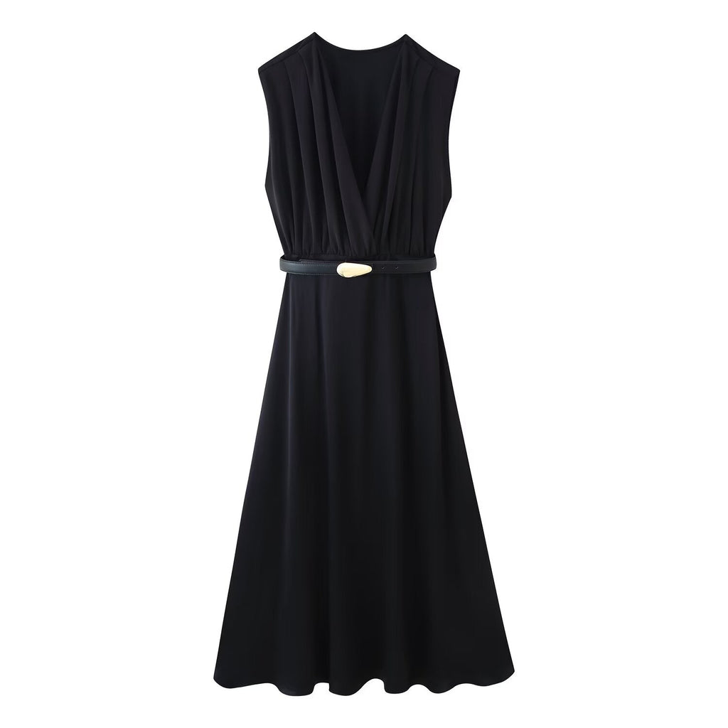 Summer Women Casual Slimming Solid Color V neck with Belt Stitching Midi Dress Black