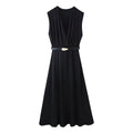 Summer Women Casual Slimming Solid Color V neck with Belt Stitching Midi Dress Black