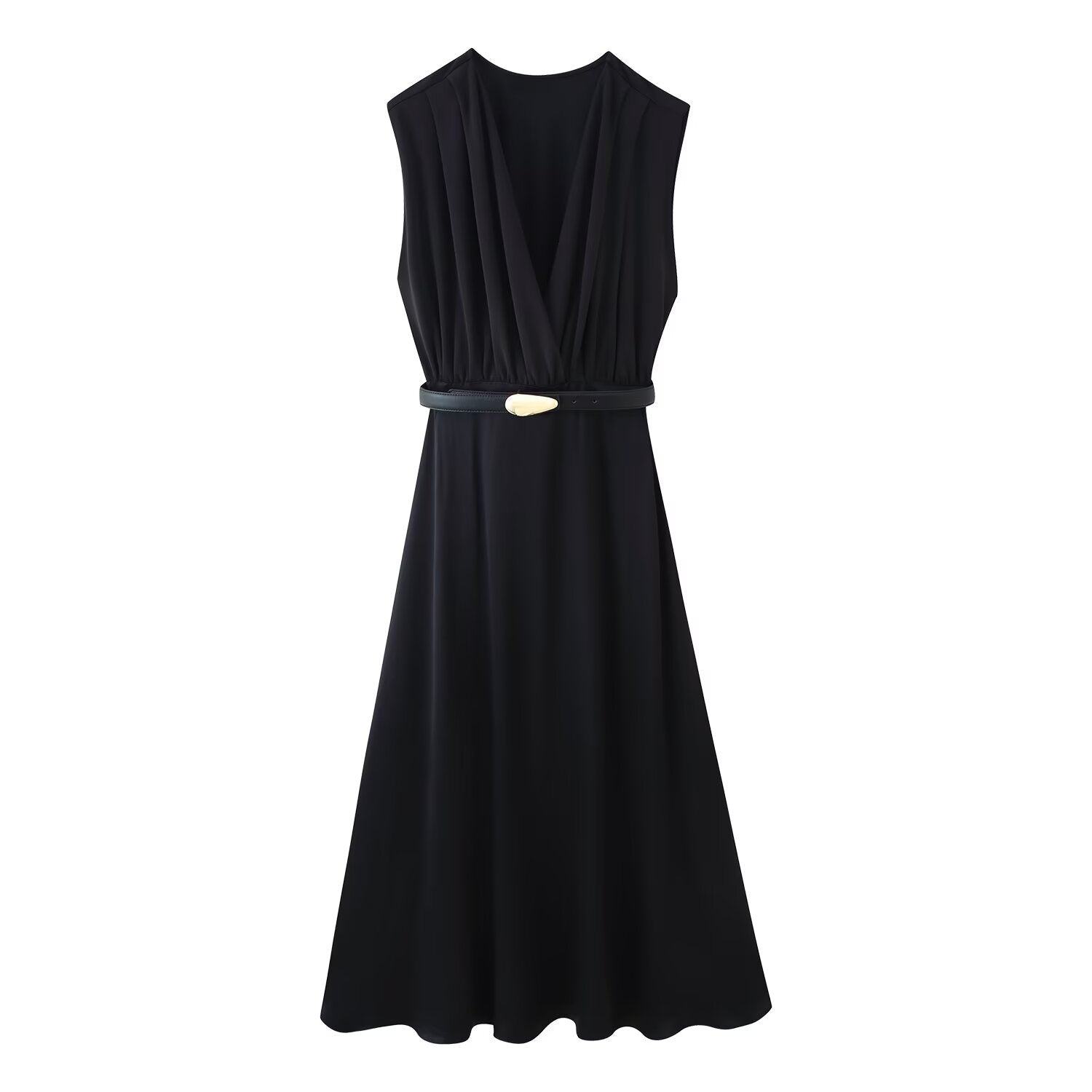 Summer Women Casual Slimming Solid Color V neck with Belt Stitching Midi Dress Black