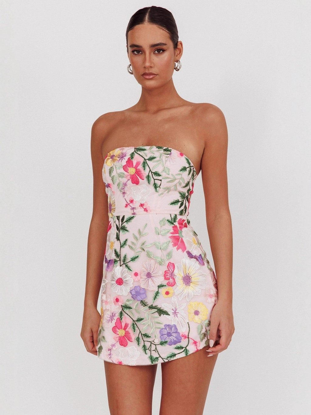 Women Slim Fit Bandeau Sling Short Niche Floral Dress White