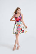 Women High Waisted Printed Halter Top Short Dress With Elastic Back Straps Multi