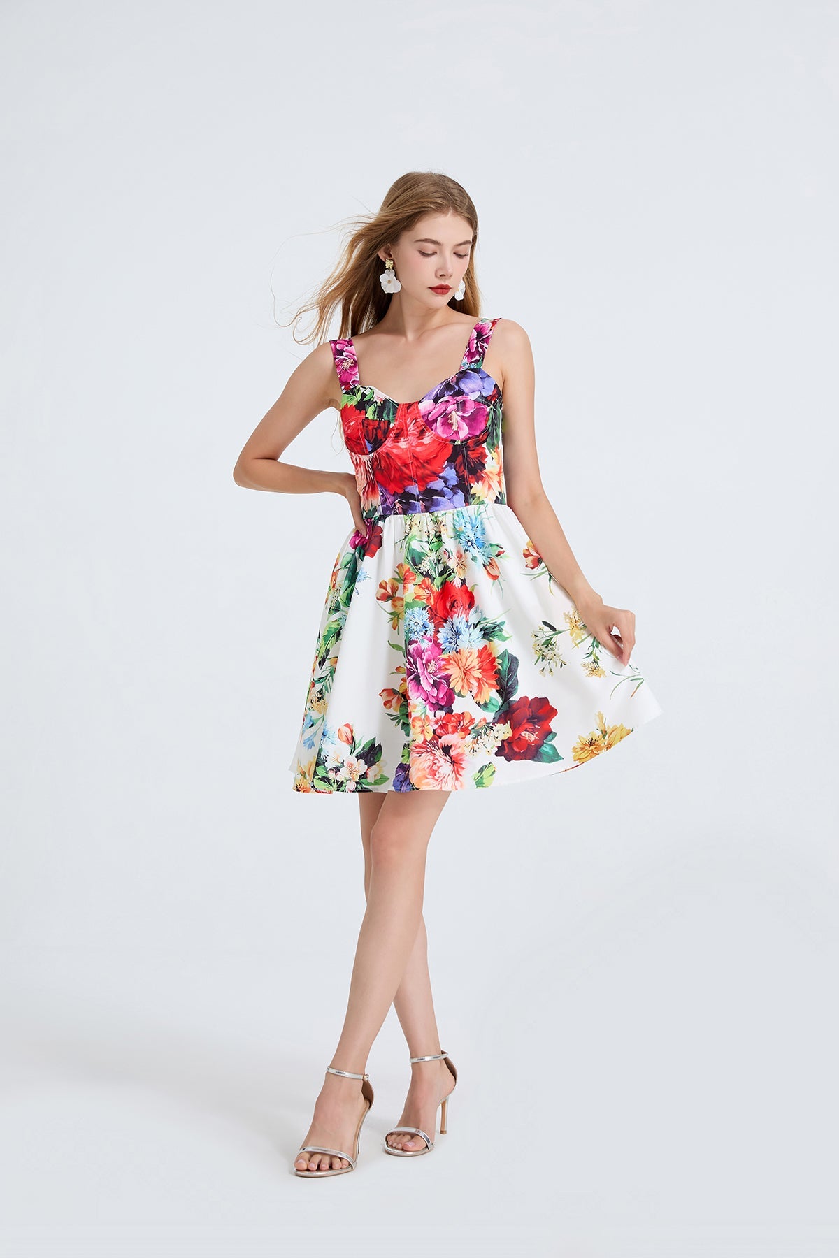 Women High Waisted Printed Halter Top Short Dress With Elastic Back Straps Multi