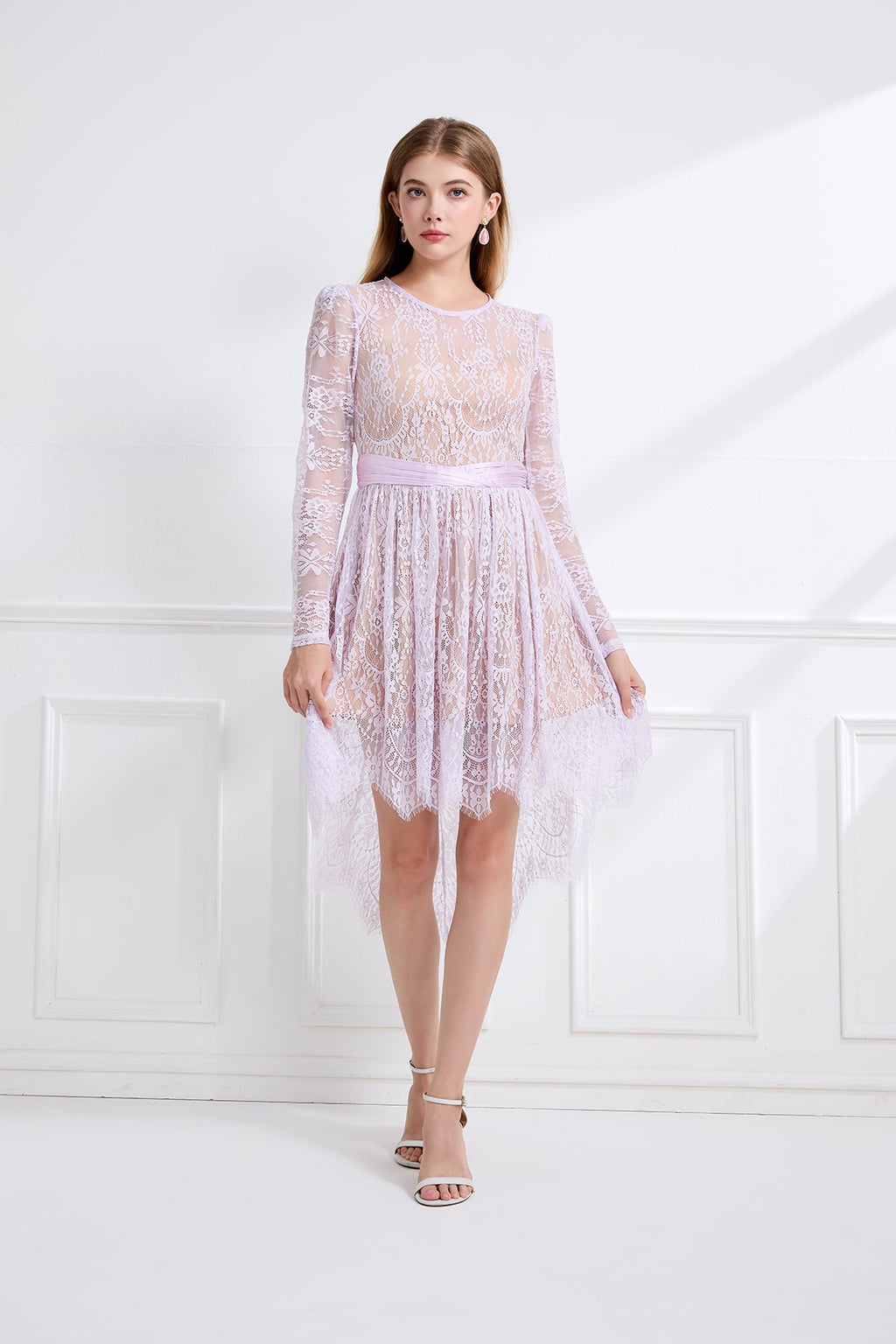 Women Lace Patchwork Pleated Waist Round Neck Long Sleeve Dress With A Shorter Front And Longer Back Design Purple
