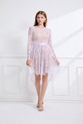 Women Lace Patchwork Pleated Waist Round Neck Long Sleeve Dress With A Shorter Front And Longer Back Design Purple