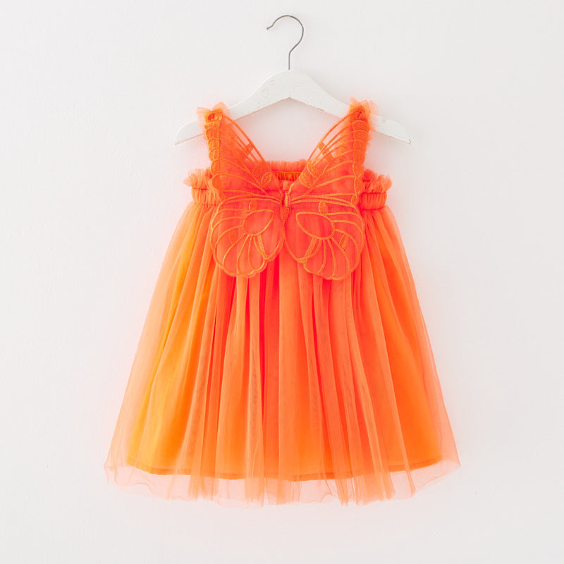 Children's Mesh Dress Sling Birthday Dress Pettiskirt Three-dimensional Angel Wings Fairy Fashionable Skirt Orange